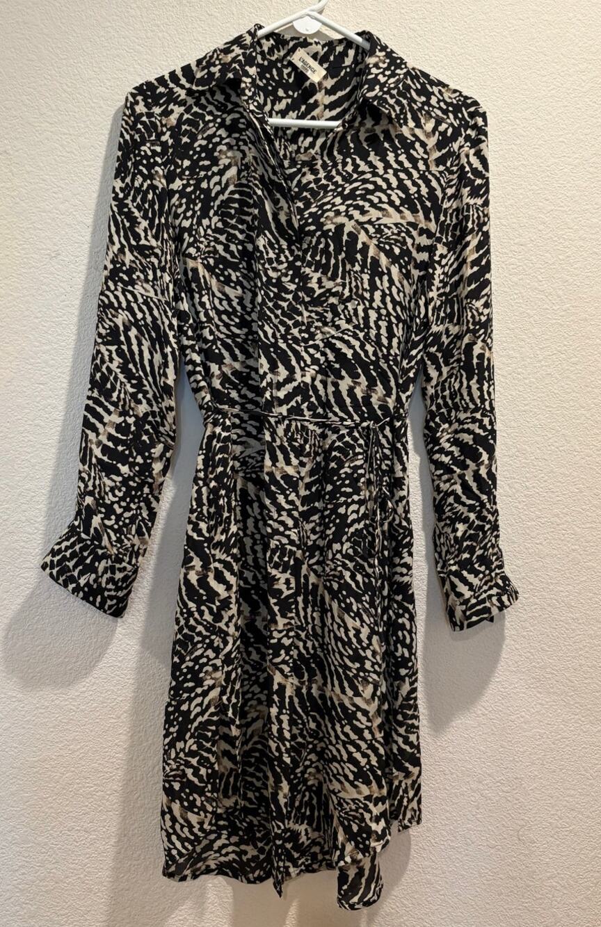 L'Agence Black Cream 100% Silk Animal Print Tie Waist Button Front Dress Size XS
